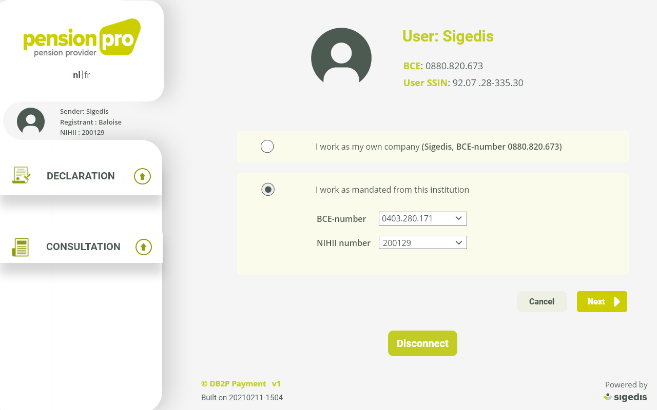 Écran de connexion DB2P Payment