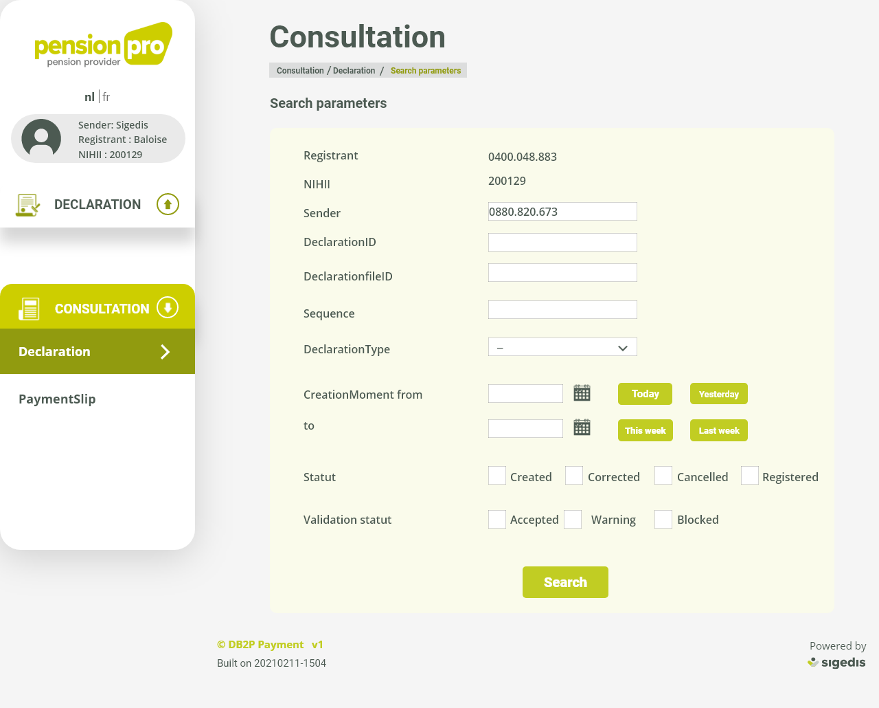 Consultation, paramètres de recherche