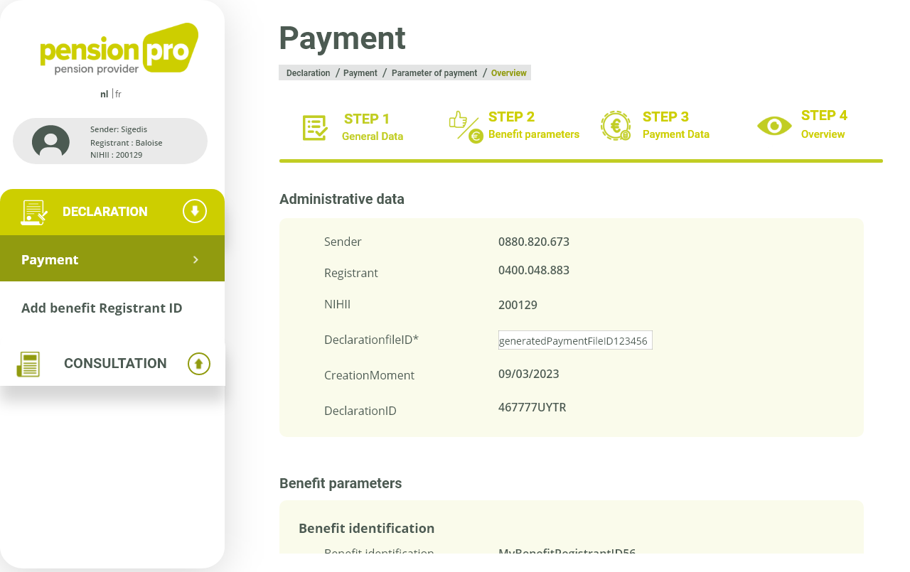 Déclaration de paiement, parcours en quatre étapes