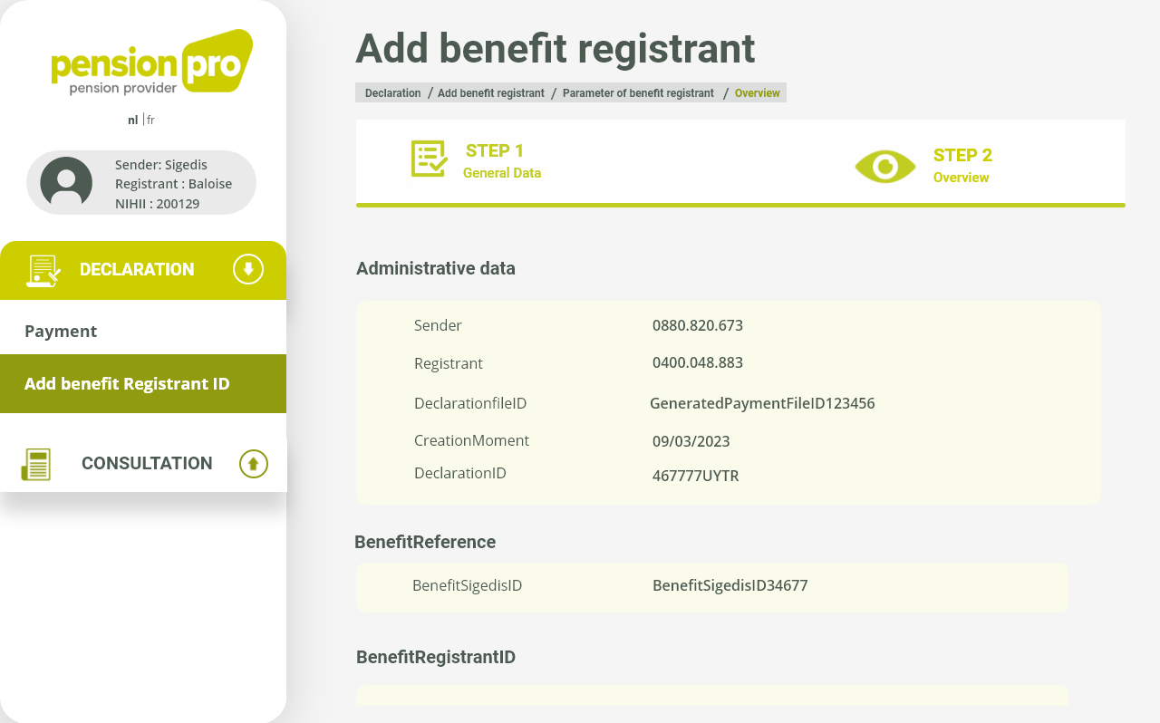 Ajout d'un benefit registrant, étape de récapitulatif